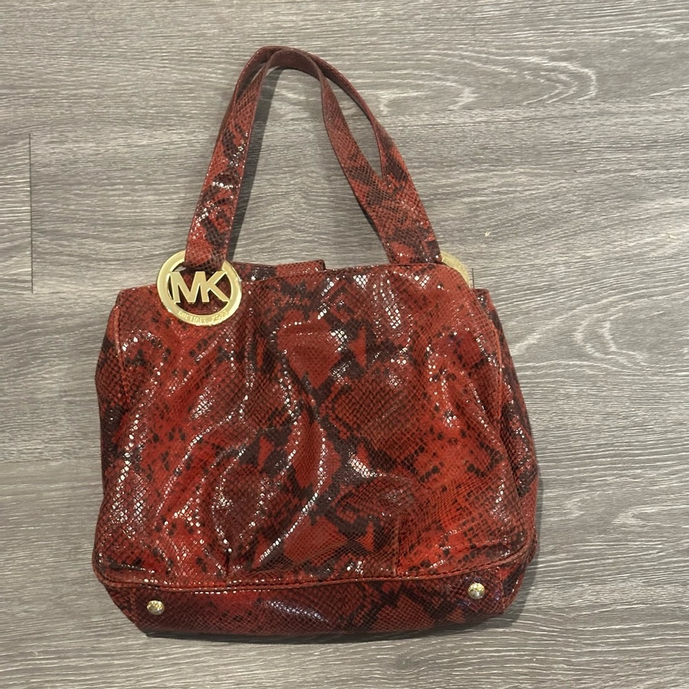 Michael Kors Red Snake Skin Folton Shoulder Bag